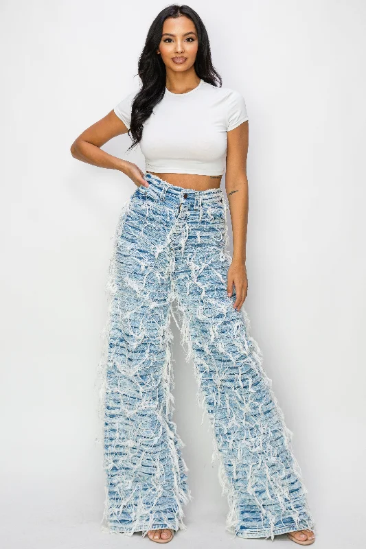 40673 High Rise Wide Leg Dual Layer Frayed Jeans