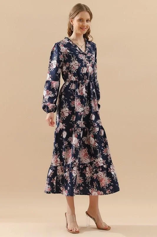 FLORAL PATTERN LONG SLEEVE CASUAL DRESS