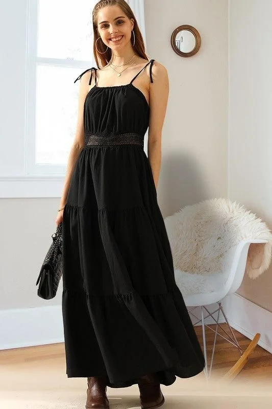 TIED STRING SPAGHETTI STRAP LACE WAIST MAXI DRESS