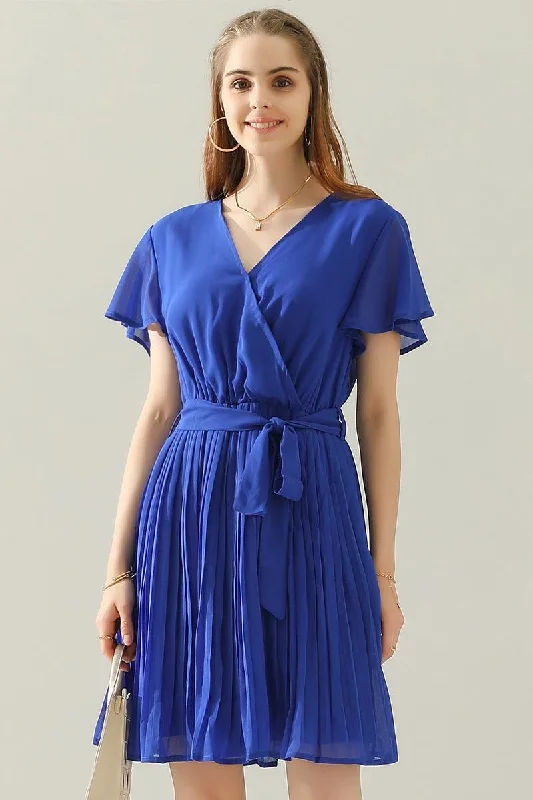 TIED WAIST PLATED V NECK CHIFFON DRESS