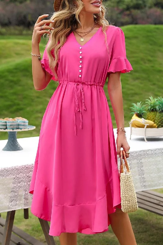 DRAWSTRING RUFFLED PUFF MIDI DRESS