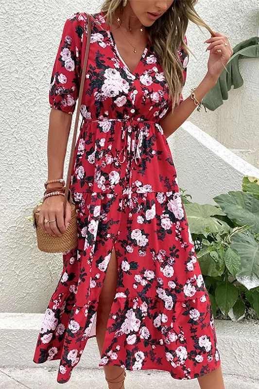 FRONT SLIT V NECK PUFF FLORAL DRESS