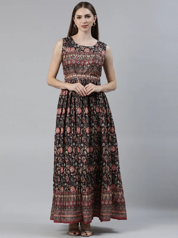 Neeru's Black Straight Casual Printed Maxi Dresses