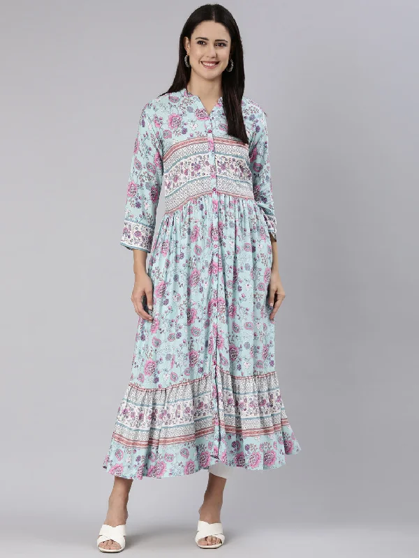 Neeru's Blue Straight Casual Floral Dress