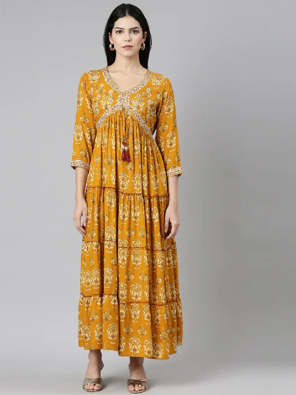 Neeru's Mustard Straight Casual Printed Gown