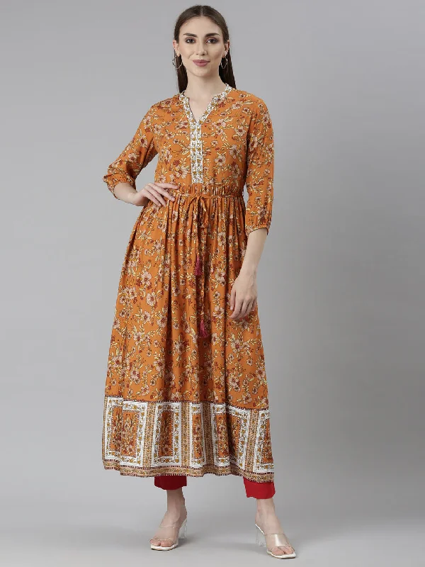 Neeru's Rust Straight Casual Floral Dresses