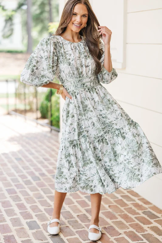 On The Trails Sage Green Floral Midi Dress