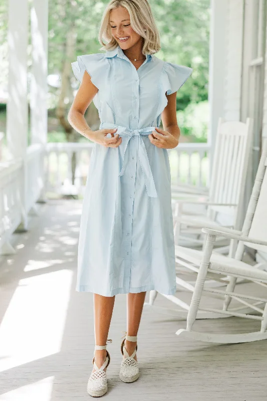 Play Through Sky Blue Button Down Midi Dress