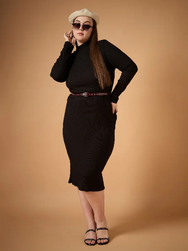 Women Black Rib High Neck Midi Dress