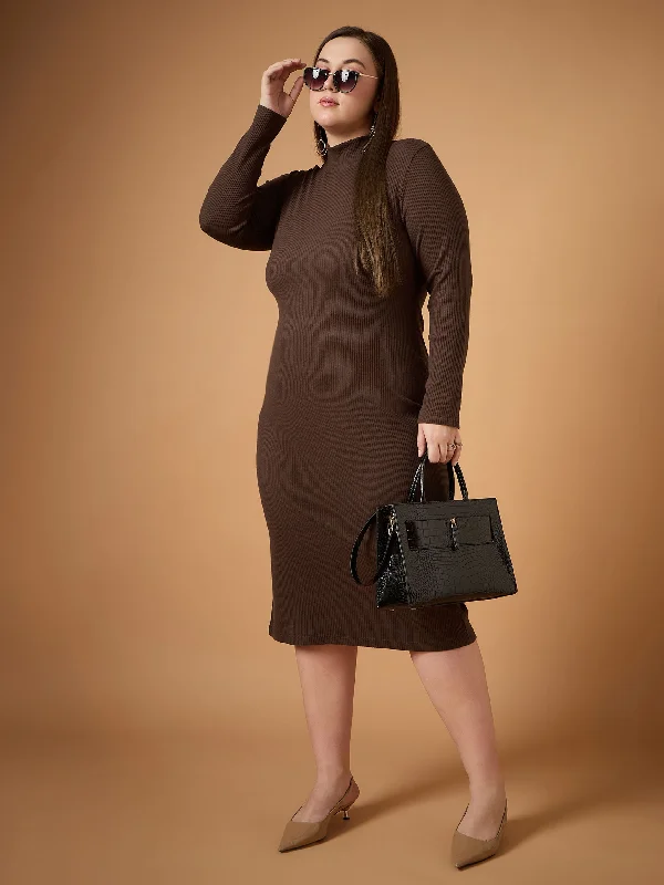 Women Brown Rib High Neck Midi Dress