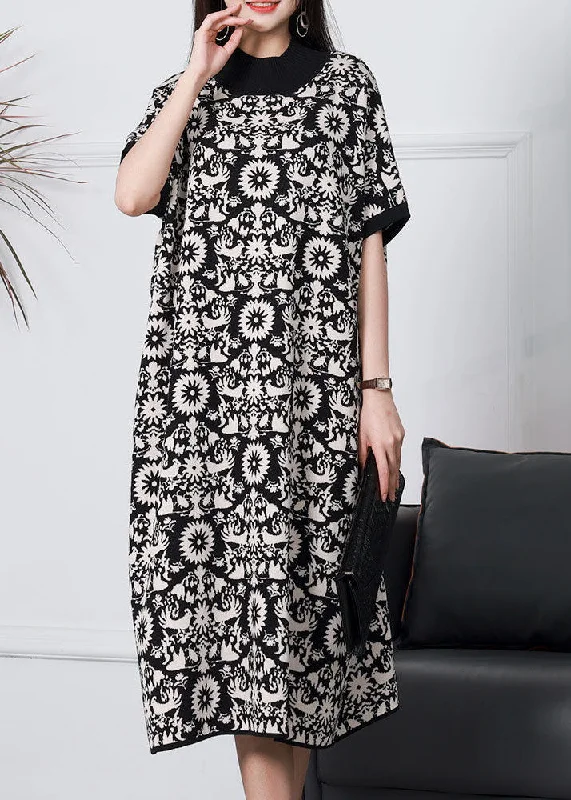 Black Patchwork Print Knit Dress Stand Collar Short Sleeve