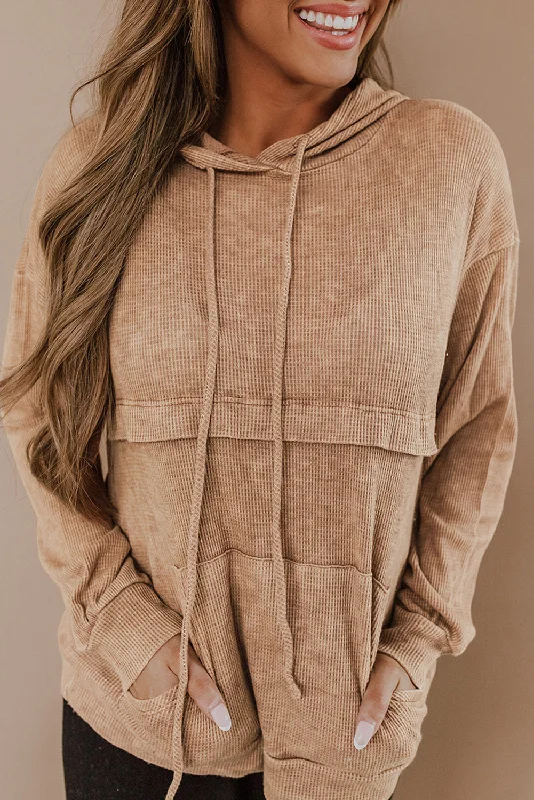 Brown Waffle Kangaroo Pocket Knit Hoodie