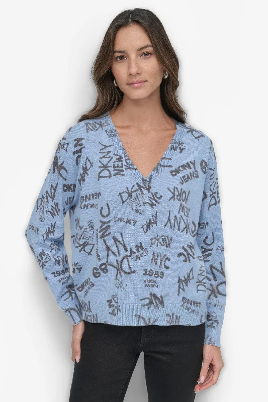 LOGO PRINTED V NECK LONG SLEEVE PULLOVER