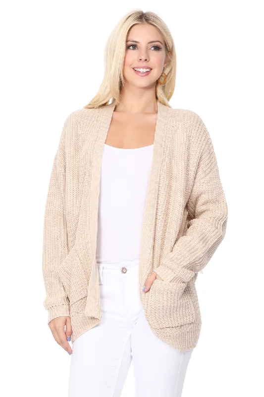 YEMAK Women's Long Sleeve Chunky Waffle Knit Open Front Sweater Cardigan HK8246