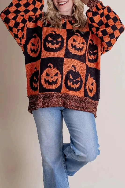 Orange Plaid Print Pumpkin Loose Halloween Sweater