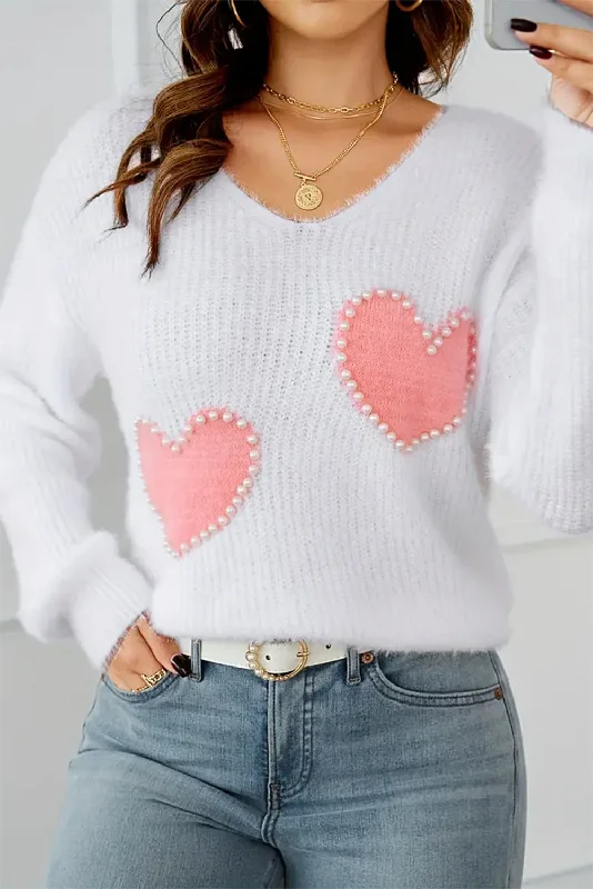 White Pearl Detail Heart Pattern Knit V Neck Sweater