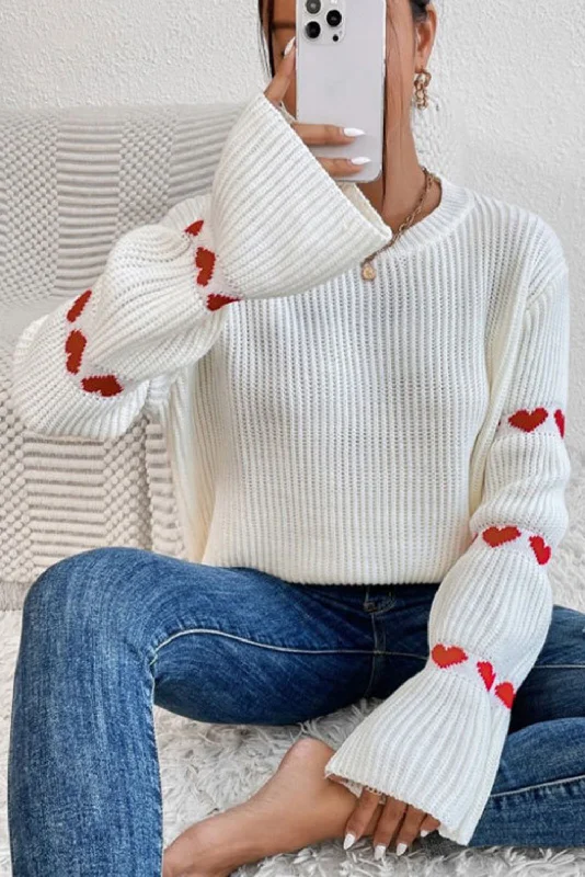 White Striped Elbow Heart Pullover Crew Neck Knit Sweater